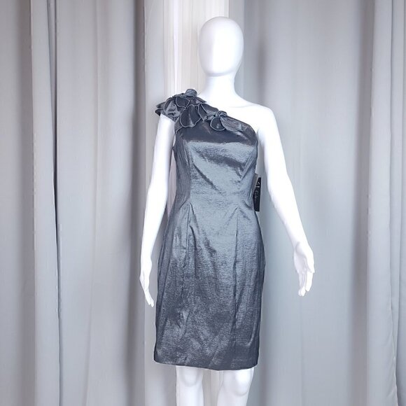 S.L. Fashions Cap Slv Petal One Shldr Sheath Dress Size 8 Color is Nickel (NWT) - Picture 6 of 16